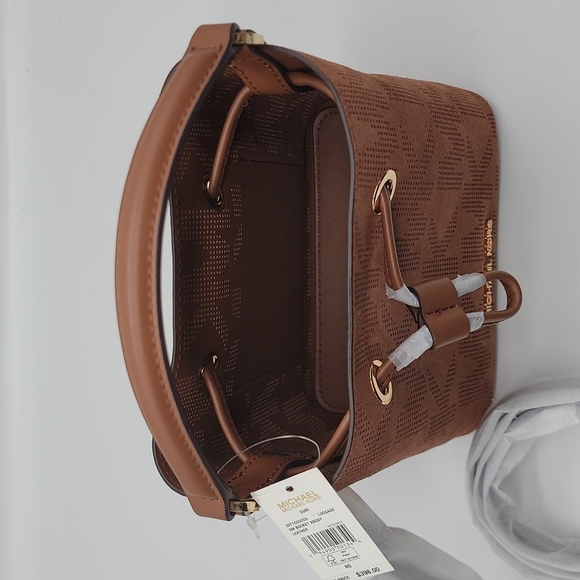 Michael Kors Suri Small Logo Perforated Suede Crossbody Bag in Luggage - Picture 5 of 5